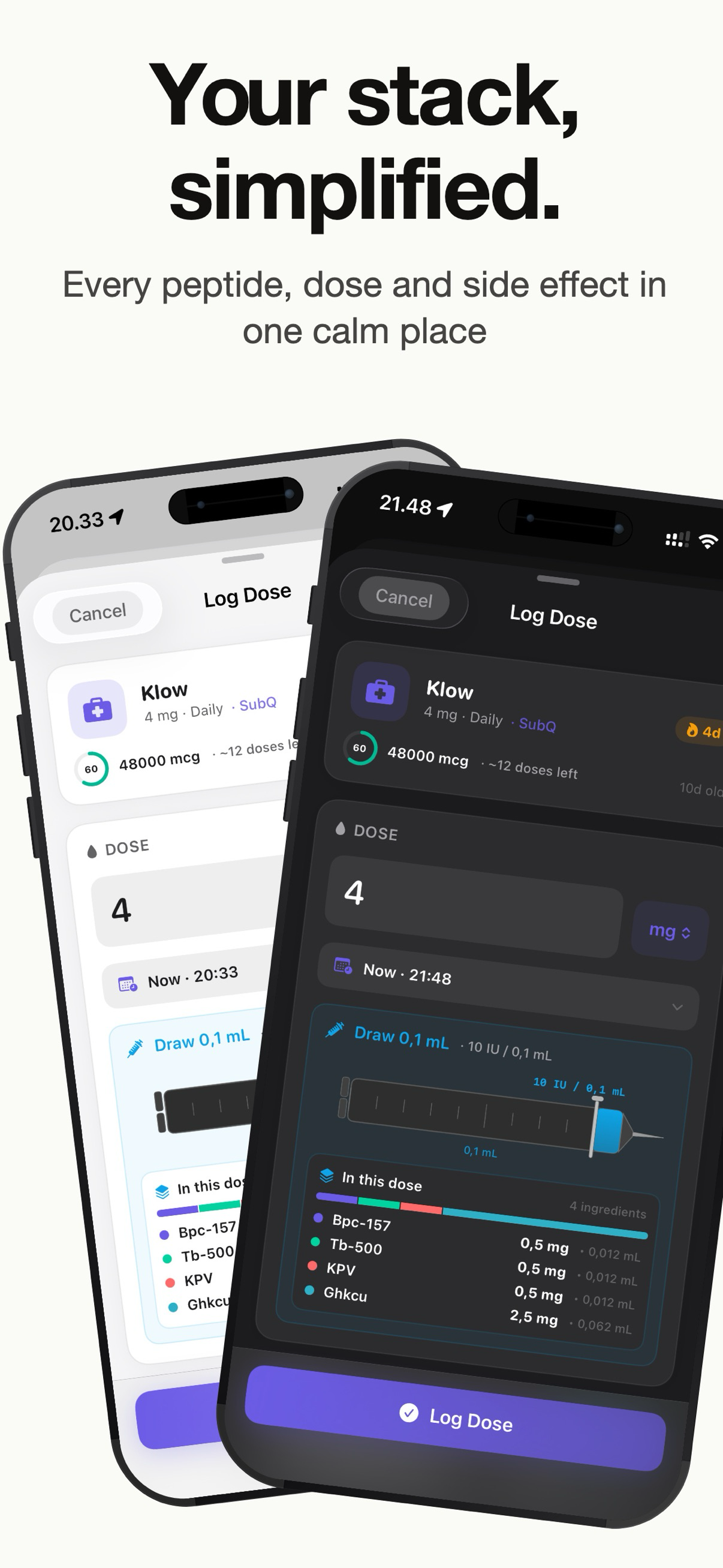 Vialr app showing peptide tracking dashboard on iPhone